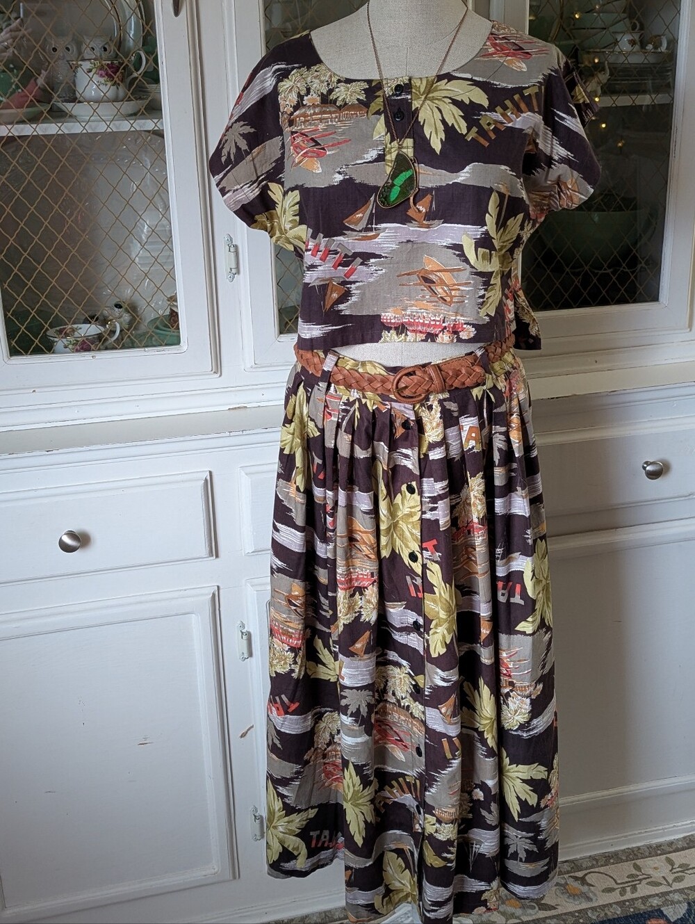 🌴VTG 70s / 80s Women's Summer Tropical Print 2pc Crop Top Skirt Resort Wear